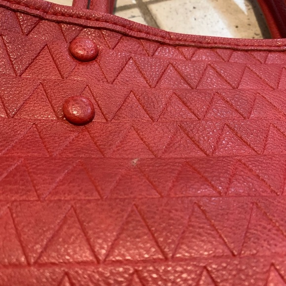 Bright Red PU Leather Geometric Pattern Tote Bag Satchel - Spacious Interior - Picture 15 of 15